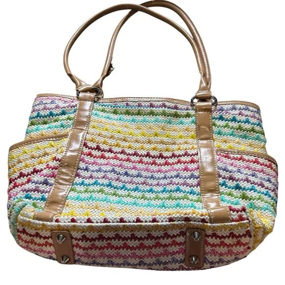 Woven Multicolor Straw Tote Bag Tan Faux Leather Handles Shoulder Purse - Picture 2 of 16